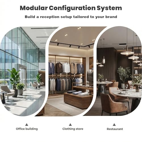 63" L-Shaped Reception Desk with LED Lights and Slatted Grille, Modern Front Desk with Built-in Outlets for Salon, Retail Store,Office,White Checkout Counter with Dimmable Switch,Reception Counter Laxodor