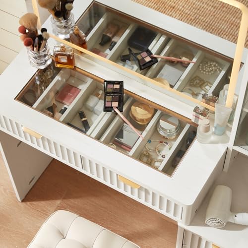 LEYAOYAO Vanity Desk with Mirror and Lights, 43.5'' Fluted Makeup Vanity with 6 Drawers and Adjustable Shelves, Wood TC Make Up Vanity Dressing Table with Glass Top and Power Outlet for Bedroom LEYAOYAO