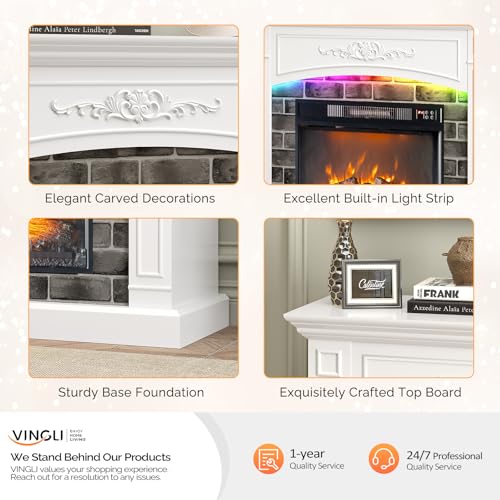 VINGLI 43'' Fireplace TV Stand for up to 55 inch TVs, Electric Fireplace with Mantel, Modern Entertainment Center with Adjustable LED Lights Strips, White Fireplace for Living Room & Bedroom, White VINGLI
