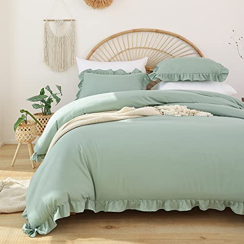 JANZAA Twin Comforter Set Sage Green Comforter Set 2PCS Ruffled and 1 Pillow Case Fluffy Vintage Farmhouse Shabby Chic Bedding Soft All Season JANZAA
