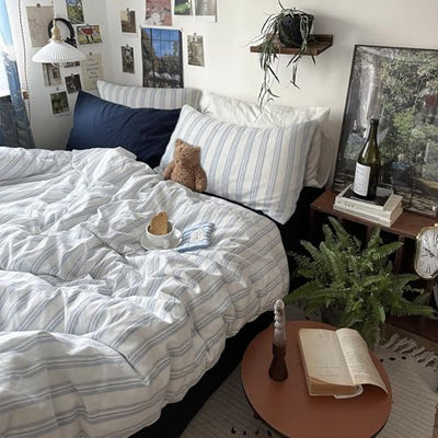 mixinni Vintage Blue & White Striped Duvet Cover Set - 3 Piece 100% Washed Cotton Twin Size Bedding | Minimalist Relaxed Style | Ultra Soft Breathable, with Zipper Closure & Corner Ties-Twin Size