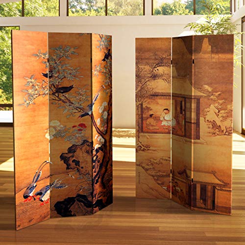Oriental Furniture 6 ft. Tall Double Sided Chinese Landscapes Canvas Room Divider,Brown Red Lantern