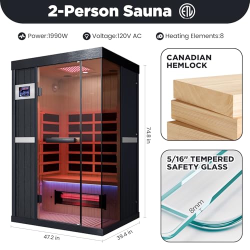 DAIMOT 2-Person Full Spectrum Sauna, 1990W 120V with 12"*12" Red Light Therapy, 2 Speakers, Indoor Dry Sauna for Home & Gym, Canadian Hemlock Wood DAIMOT