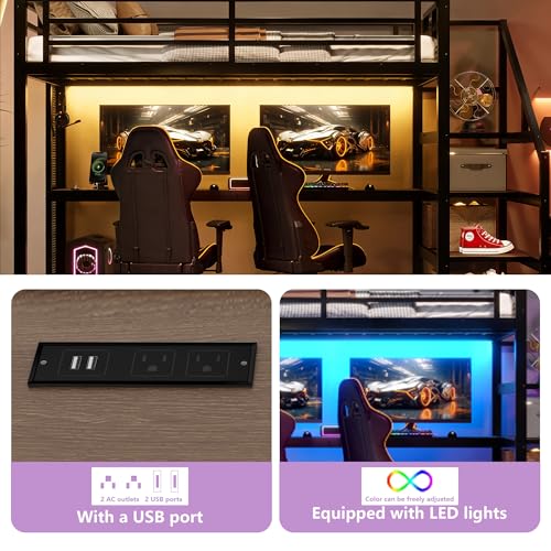 Bellemave Full Loft Bed with Desk & Storage Stairs, Metal Full Size Loft Bed Frame with Iron Nets, LED Lights & USB Ports, Heavy Duty Adult LoftBed for Bedroom, Noise-Free, Black Bellemave