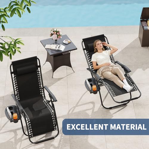 Garvee Zero Gravity Chair Set of 2, Patio Lounge Chair Outdoor with Pillow & Cup Holder Tray, Adjustable Reclining Chair, Folding Portable Camping Chair for Deck, Beach, Yard, Garden - Black