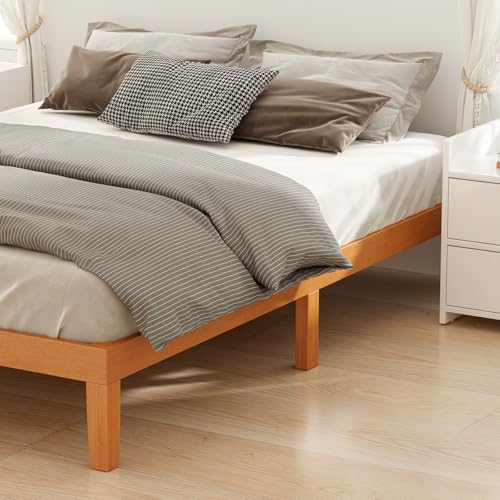 DUMOS Solid Wood Bed Frame, Full Size Bed Base with Wood Slat Support, Sturdy, Stylish & Noise-Free Design, No Box Spring Needed, Easy Assembly, 12 in Natural Pine DUMOS