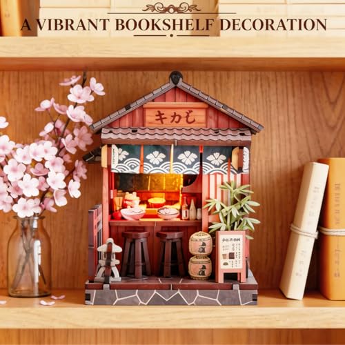 HYXBXSS Book Nook Kit, DIY Miniature House Dollhouse Kit for Adults and Teens, Booknook Tiny House Bookshelf Decor, Japanese Shop Building Kit 3D Wooden Puzzles, Gifts for Family and Friends