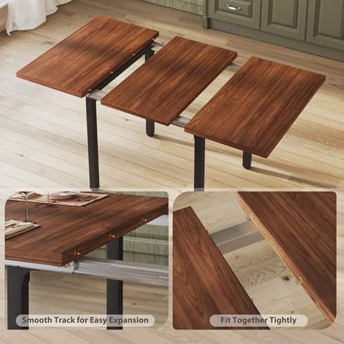 Dining Table Set for 4, Extendable Kitchen Table Set with 4 Chairs, Curved Backrest, Dining Room Table with Solid Metal Frame & MDF Board, for Kitchen Room and Small Spaces, Easy Assembly, Walnut ALEXNUTRE