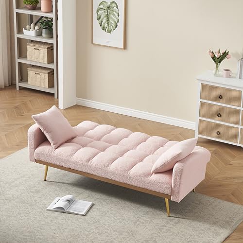 Ball & Cast Convertible Sleeper Sofa Bed with Adjustable Backrest,Teddy Upholstered Futon Couch Bed W/ 2 Pillows,Armrest and Metal Legs,Loveseat Sofa for Living Room,Apartment,Small Space,Pink,69" Ball & Cast
