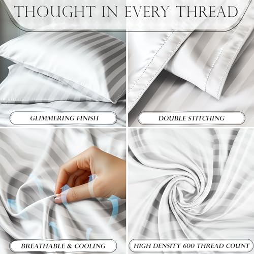 DECOLURE Satin Bed Sheets - 6 Piece Luxury Silky King Size Bedding Set - Softer Than Silk, Wrinkle-Free with 15” Deep Pocket Fitted Sheet, Perfect for Hair & Skin, Gifts for Women (Striped White) DECOLURE