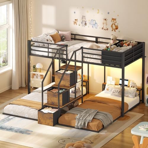 ADORNEVE Triple Bunk Bed with Storage Staircase, RGB Lights & Charging Station, Twin Over Twin, Heavy Duty Metal 3 Bunk Beds with Drawers & Headboard Shelf, Safety Guardrails, for Kids, Black ADORNEVE