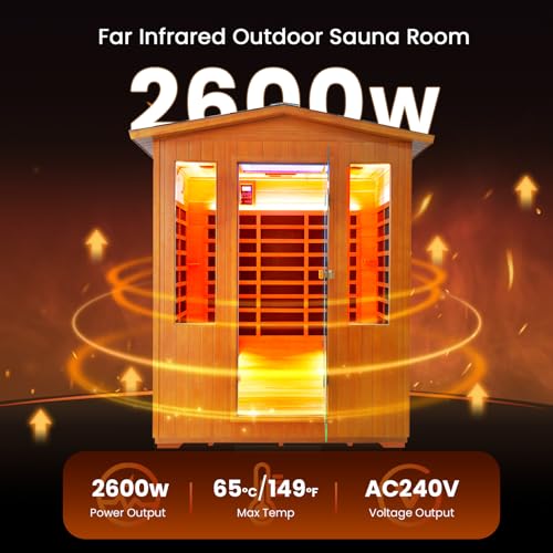 OUTEXER Outdoor 4 Person Sauna Far Infrared Saunas Dry Sauna Room Red Cedar and Canadian Hemlock Wood Wooden Sauna Spa 2600W 240V with 7 Color Light 62.2 * 46.8 * 81.9 inches OUTEXER