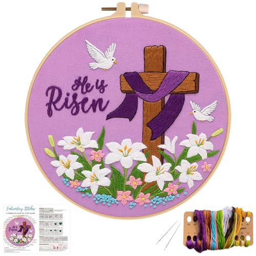 Nuberlic Lily Pattern Embroidery Kits for Beginner Adults, Cross Stitch Starter Kit with Embroidery Hoop Needles Threads Instruction -Easter Jesus