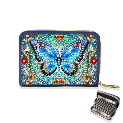 Credit Card Holder, DIY Diamond Art Painting Zipper Credit Cards Wallet for Women Accordion Card Cases Holder KeyChain Wallet-Blue Butterfly WoodArtSupply