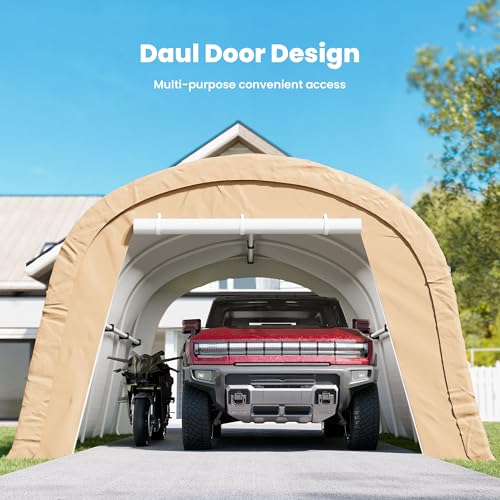 COSIEST 13'×20' Storage Shelter Outdoor Round Carport, Heavy-Duty Garage Canopy with Dual Roll-Up Doors Weatherproof PE Cover, Multi-Purpose Vehicle/Tractor Shed for Backyard/Driveway/Farm(Beige) COSIEST