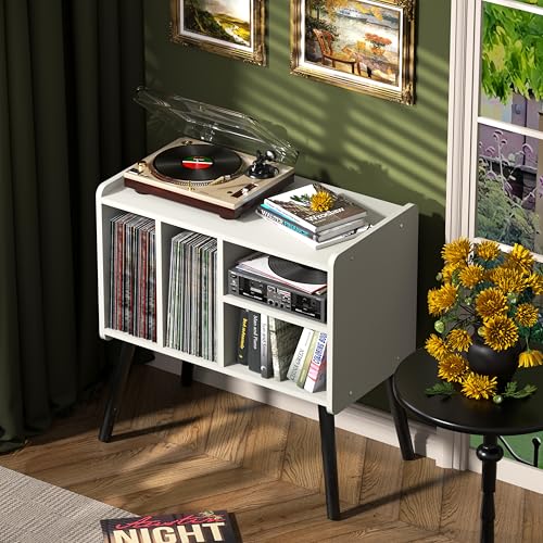UODERS Record Player Table, Mid-Century Record Player Stand with Vinyl Storage Hold Up to 150+ Albums, Vinyl Record Cabinet with Adjustable Shelves, Wood Turntable Stand for Music Living Room (White) UODERS