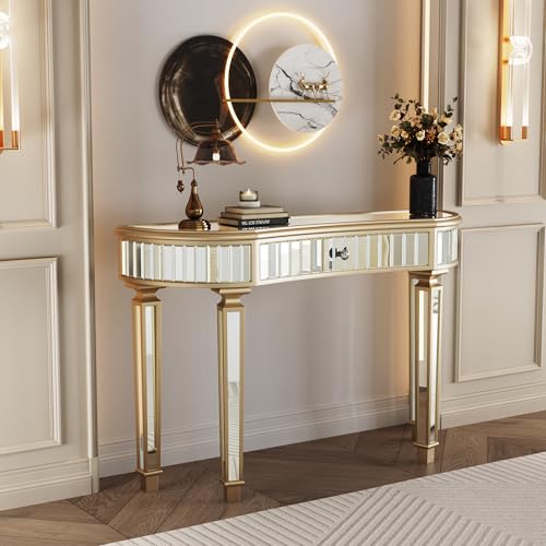 Mcltopz 47" Gold Mirrored Console Table, Half-Moon Sofa Table with with Fluted Glass & Crystal Knob Drawer, Modern Luxury Entryway Vanity Desk Mirrored Furniture with Sturdy Wooden Frame for Bedroom Mcltopz