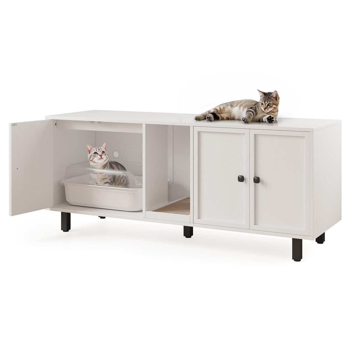 ONBRILL 59 Inches Cat Litter Box Enclosure for 2 Cats, Hidden Litter Boxes Furniture with Cat Scratch Pad, Large Indoor Pet House with Double Room, Wooden TV Stand Side Table, Off White ONBRILL