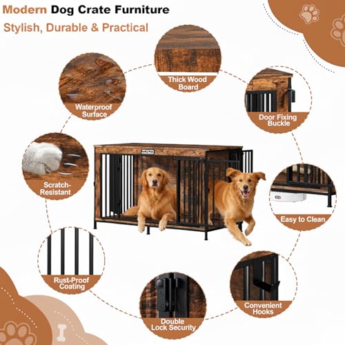 XL Dog Crate Furniture 48'' | Extra Large Heavy Duty Anti-Chew Dog Kennel | Rustic Wooden Entertainment Center & TV Stand with 350LB Top Capacity | Escape Proof Double Door Pet House FurnPulse