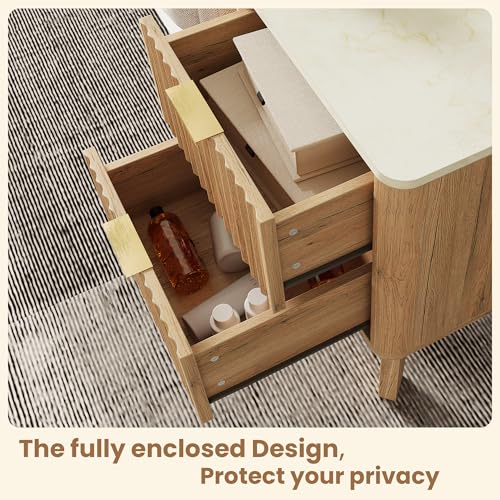 TROJM Fluted Nightstand Set of 2,Modern End Table with Faux Marble Top,2 Storage Drawers Side Table,Bedside Table for Bedroom, Living Room,Curved Profile Design Furnitue,Natural Oak TROJM