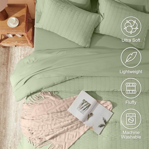 Laojin Balhen Full Comforter Set 8 Pieces, Seersucker Bed in a Bag Full, Sage Green Comforter with Sheets, Comforters Full Size Bedding Sets with Comforter, Sheets, Pillowcase & Sham and Bed Skirt Laojin Balhen