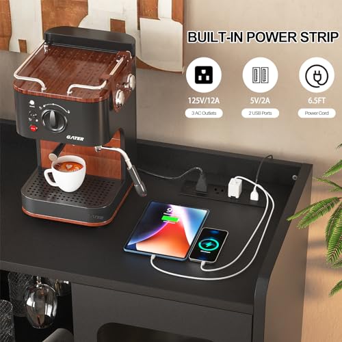 iSunirm Wine Bar Cabinet with Power Outlet, Liquor Cabinet Bar with LED Light and Glass Holder, Home Coffee Bar Cabinet, Buffet Sideboard with Storage Shelf for Kitchen, Dining Room, Black iSunirm