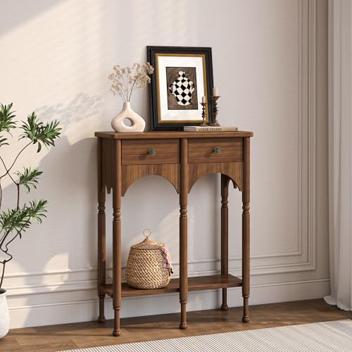 Topbele Console Table with 2 Drawers & Shelf, 28" Mid-Century Modern Entryway Table, Retro 2-Tier Sofa Table, Wooden Accent Table for Living Room, Hallway, Brown Topbele