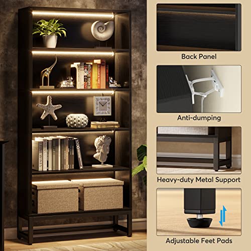 Tribesigns 70.8” Tall Black Bookcase with LED Lights - Heavy Duty 5-Tier Storage Shelf Tribesigns