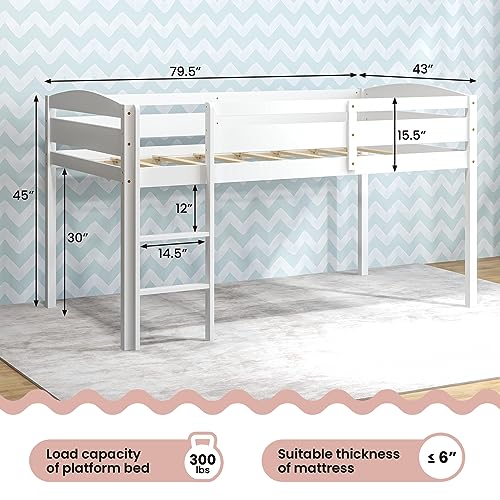 Giantex Twin Loft Bed with Ladder, Wood Low Profile Loft Bed with 30" Clearance & Safety Guard Rails, Space-Saving Loft Bed Frame for Kids Teens Junior, No Box Spring Needed, Kids Bed Frame, White Giantex