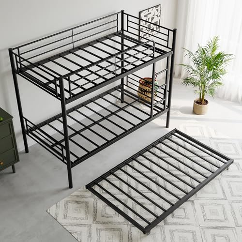 Bellemave Metal Bunk Bed with Trundle, Twin Over Twin Bunk with Guardrail and Ladder for Kids/Teenagers, Adults, No Box Spring Needed, Black with Ladder Bellemave