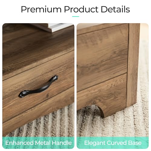 LINSY HOME Farmhouse Coffee Table with Storage, Wood Coffee Table for Living Room, Open Display Area and Storage Drawers with Metal Handles, Chic Style with Curved Base. Brown LINSY HOME