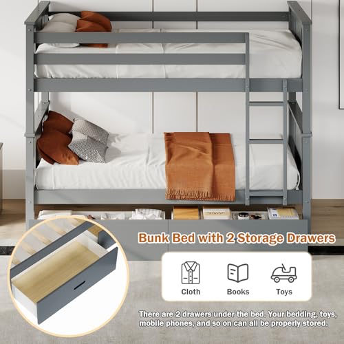 FUQARHY Bunk Bed Twin Over Twin with Storage Drawers, Gray Convertible Wood Twin Bunk Beds with Ladder and Safety Guardrail, No Box Spring Needed (Blue-Gray) FUQARHY