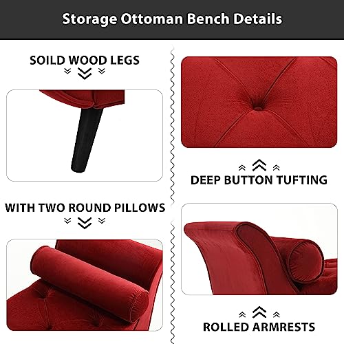 Hdxdkog Velvet Storage Bench for Bedroom End of Bed, 65" Upholstered Rolled Armed Button Tufted Stool Bench, Storage Ottoman Long Bench with with 2 Pillows for Entryway (Wine Red) Hdxdkog