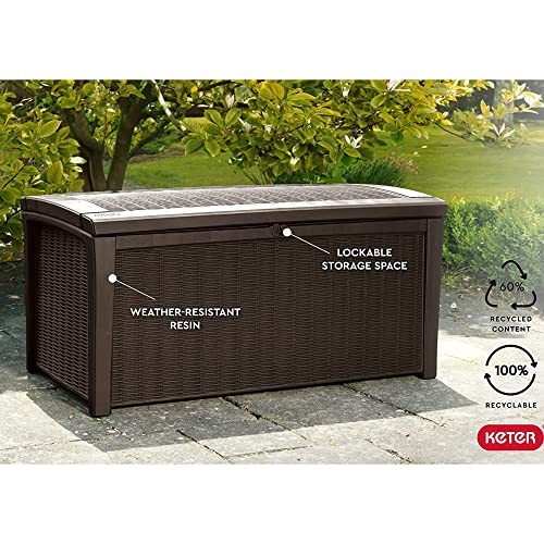 Keter Borneo 110 Gallon Resin Backyard Deck Box, Lockable Patio Storage Bench and Outdoor Poolside Accessory Organizer, Brown Keter