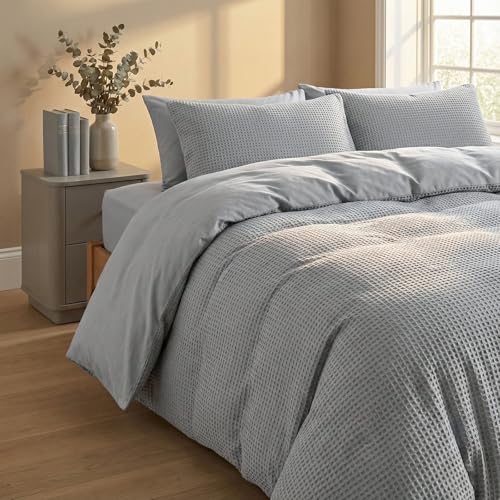 DCSKY Cotton Duvet Cover Full,100% Cotton Waffle Weave Grey Duvet Covers Full Size,Luxury Textured & Breathable 3pcs with 2 Pillow Shams for All Season 80x90 Inches DCSKY