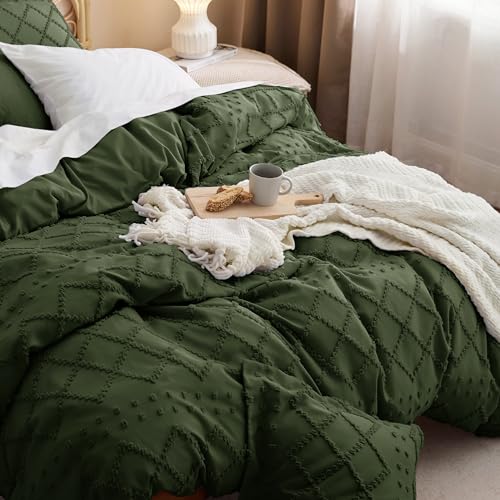 Bedsure Boho Twin Duvet Cover Size - Dark Green Breathable & Soft Boho Bedding, Machine Washable Comforter Cover for All Seasons, Includes 1 Duvet Cover 68"x90" with 1 Pillow Sham & Zipper Closure Bedsure
