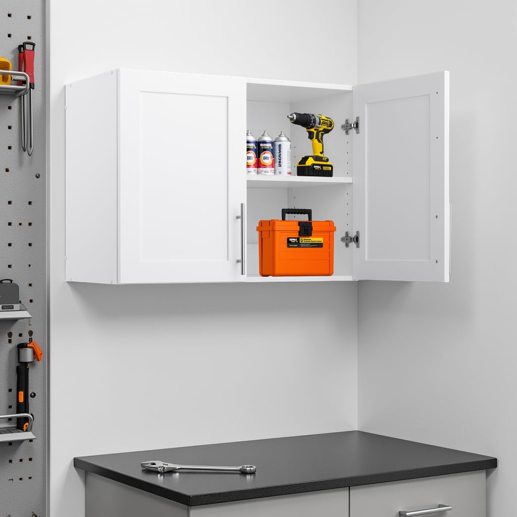 Prepac Elite 24" H Wall Cabinet with Panel Doors, White Storage Cabinet, Bathroom Cabinet, Pantry with 1 Adjustable Shelf 16.75" D x 32" W x 24" H, WSUR-1002-1 Prepac