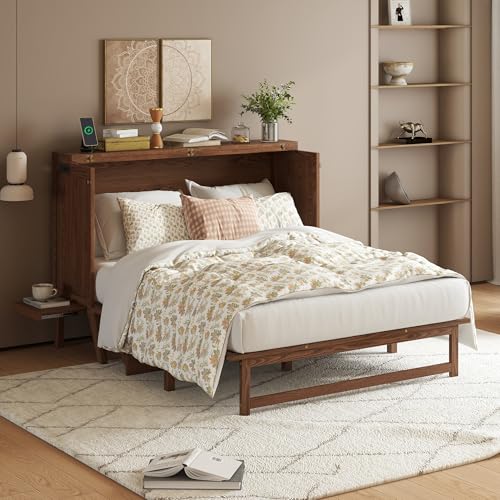 KEIKI Queen Size Cabinet Murphy Bed with Charging Station, Drawer, Removable Shelves, Multiple Storage Foldable Hideaway Wall Murphy Bed Frame, No Box Spring Needed, Easy Assembly, for Bedroom, Walnut KEIKI
