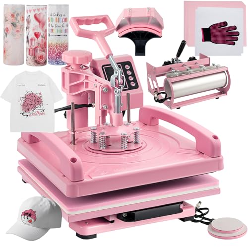 Leomru 5 in 1 Heat Press Machine 15x15 Inch, Heat Press Machine for T Shirts Hat Cap Mug Plate 360° Swing Away, Sublimation Heat Press Heat Transfer Machine W/ 30OZ Tumbler Press Pink Leomru