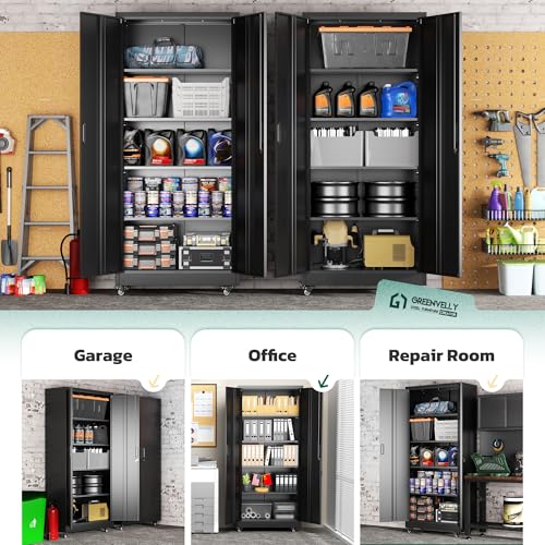 Greenvelly 73" Storage Cabinet with Wheels,Metal Rolling Garage Cabinet with Locking Doors and 4 Adjustable Shelves for Home,Kitchen,Office,Warehouse(32" W x 16" D) Greenvelly