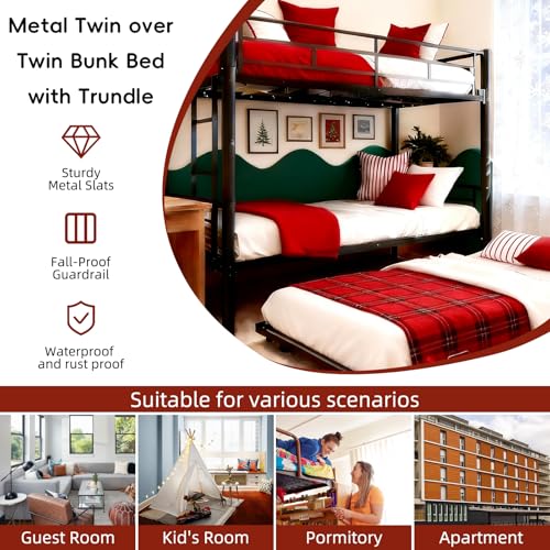 HomeCyber Metal Twin Bunk+Trundle Sleeps 3, Splits into 2 Beds, Reinforced Steel Frame, Noise-Free, Growing Family & Shared Kids Room, No Box Spring, Black HomeCyber