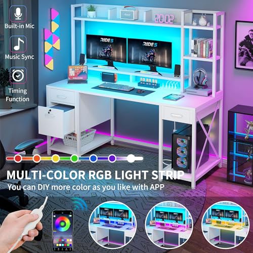 DWVO Computer Desk with Drawers & Hutch, 59.1" Office Desk with Power Outlets & LED Lights, Home Office Desk with Storage Shelves, White DWVO