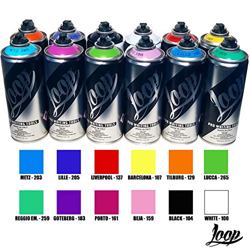 Loop Aerosol Art Spray Paint Set of 12 400ml Cans - Popular Colors Loop 400ml Spray Paint