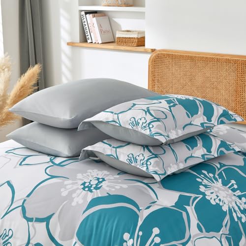 Anibedding Teal Floral Comforter Set King Size 7 Piece, Teal Blue Flower Bed in a Bag, Elegant Botanical Floral Comforter Soft Microfiber Complete Bedding Set for All Season, (Teal, 104"x90") Anibedding
