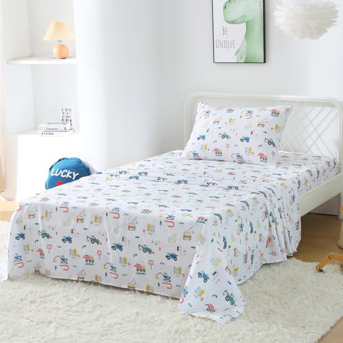 FEKOHIPY Kids Sheet Set Excavator Twin Size Bedsheet for Boys, 3PCS Digger Vehicle Printed Microfiber Soft Breathable Children Bedding Easy-Fit 14 Inch Deep Pocket FEKOHIPY