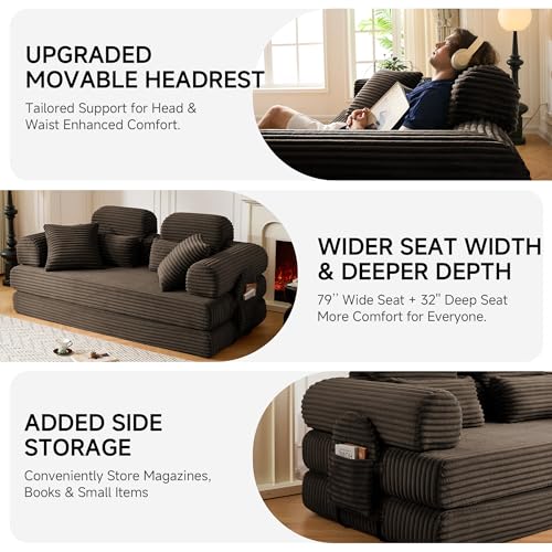 KSTNLUXQ 79" Sofa Bed, Deep Seat 32" Sleeper Sofa, 5-in-1 Convertible Sofa Bed, Boneless Couch in a Box, Corduroy Floor Futon with Thickened backrest and Headrest Pillows, Side Pockets, Brown KSTNLUXQ