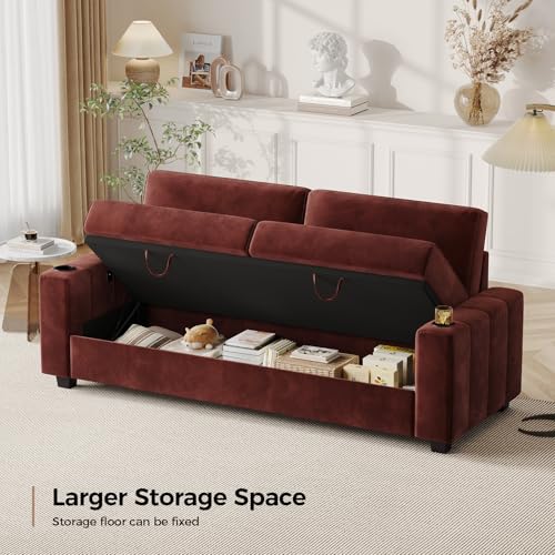 COPIAE Loveseat Sofa, Larger Couch Velvet Fabric with Storage, Charging Ports, Heightened Backrests, Removable Cover Modern Comfy Couches Easy Assembly for Living Room, 88 Inch Burgundy COPIAE