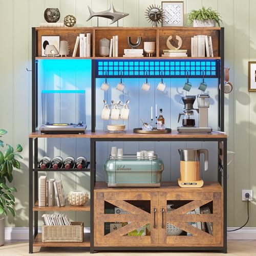 Itaar 47.2 Inch Rustic Brown Bakers Rack with Power Outlet & LED Light - Microwave Stand & Multi-Functional Coffee Bar Cabinet Itaar