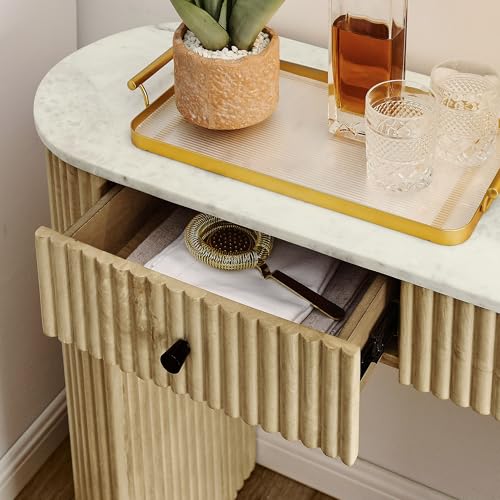 Modway Caldera 42-Inch Curved Solid Wood Fluted Console Table in Natural with Oval Marble Top – Narrow Entryway Table with 2 Drawers Modway