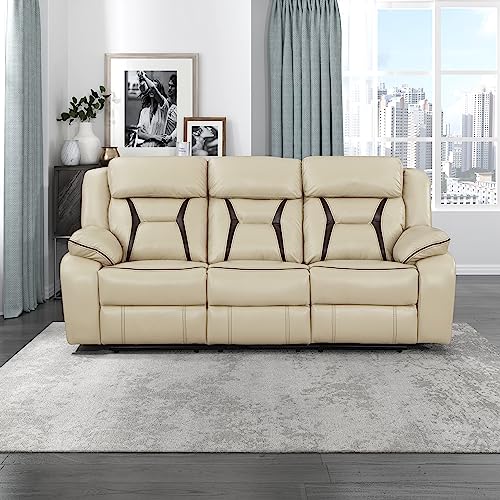 Lexicon Recliner Sofa, Wall Hugger Recliners, Home Theater Seating, Manual Double Recliner, Couches for Living Room, RV Furniture, Faux Leather with Contrast Piping, 86''W Sofa, Beige Lexicon